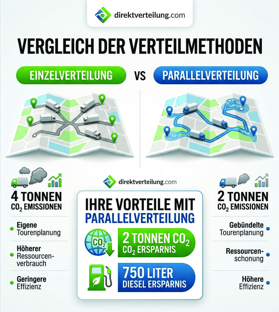 Infografik vergleicht CO2-Ausstoß von Einzel- (4 Tonnen/Jahr) und Parallelverteilung (2 Tonnen/Jahr) von Flyern, zeigt Einsparung von ca. 2 Tonnen CO2 und 750 Liter Diesel über direktverteilung.com